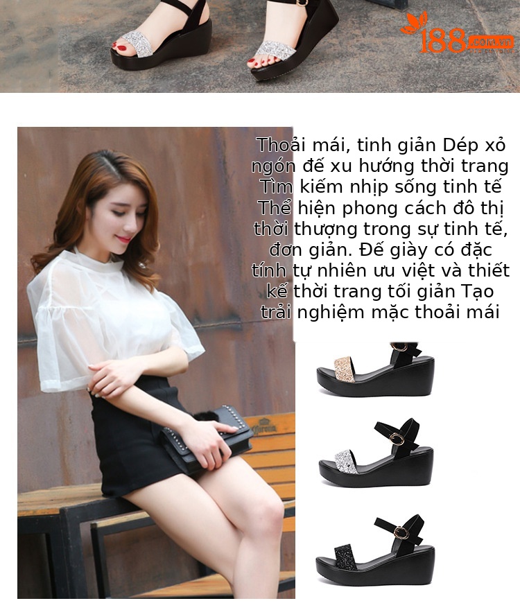 Sandal nữ đế xuồng cao gót 6cm quai ngang đính sequin mùa hè 2025 — Màu đen 6cm, Vàng 6cm, Bạc 6cm chi tiết 2