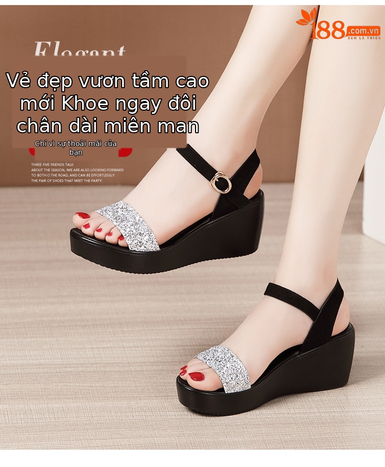 Sandal nữ đế xuồng cao gót 6cm quai ngang đính sequin mùa hè 2025 — Màu đen 6cm, Vàng 6cm, Bạc 6cm chi tiết 3