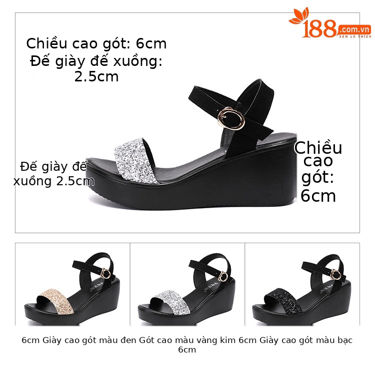 Sandal nữ đế xuồng cao gót 6cm quai ngang đính sequin mùa hè 2025 — Màu đen 6cm, Vàng 6cm, Bạc 6cm chi tiết 5