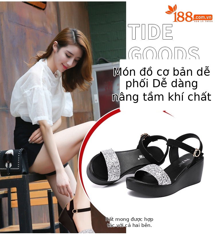 Sandal nữ đế xuồng cao gót 6cm quai ngang đính sequin mùa hè 2025 — Màu đen 6cm, Vàng 6cm, Bạc 6cm chi tiết 6