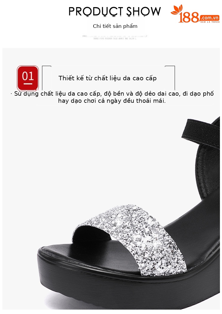 Sandal nữ đế xuồng cao gót 6cm quai ngang đính sequin mùa hè 2025 — Màu đen 6cm, Vàng 6cm, Bạc 6cm chi tiết 7