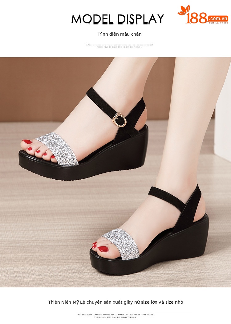 Sandal nữ đế xuồng cao gót 6cm quai ngang đính sequin mùa hè 2025 — Màu đen 6cm, Vàng 6cm, Bạc 6cm chi tiết 11