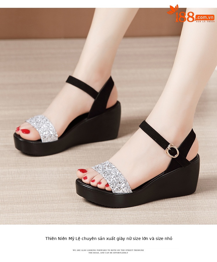 Sandal nữ đế xuồng cao gót 6cm quai ngang đính sequin mùa hè 2025 — Màu đen 6cm, Vàng 6cm, Bạc 6cm chi tiết 12