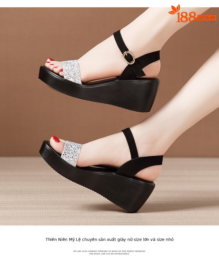 Sandal nữ đế xuồng cao gót 6cm quai ngang đính sequin mùa hè 2025 — Màu đen 6cm, Vàng 6cm, Bạc 6cm chi tiết 13