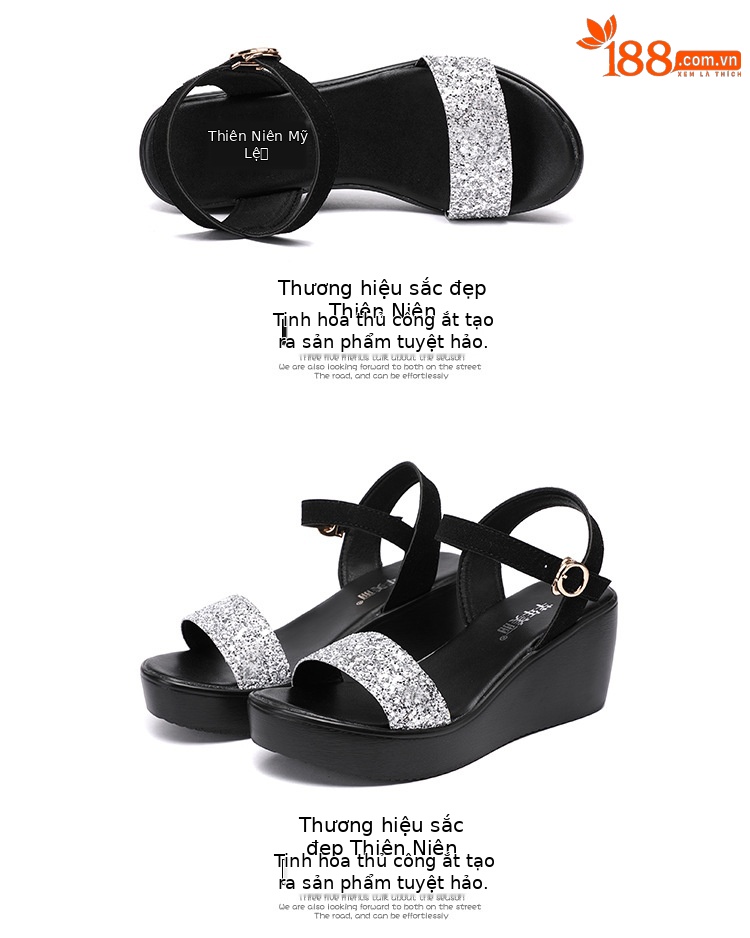 Sandal nữ đế xuồng cao gót 6cm quai ngang đính sequin mùa hè 2025 — Màu đen 6cm, Vàng 6cm, Bạc 6cm chi tiết 17
