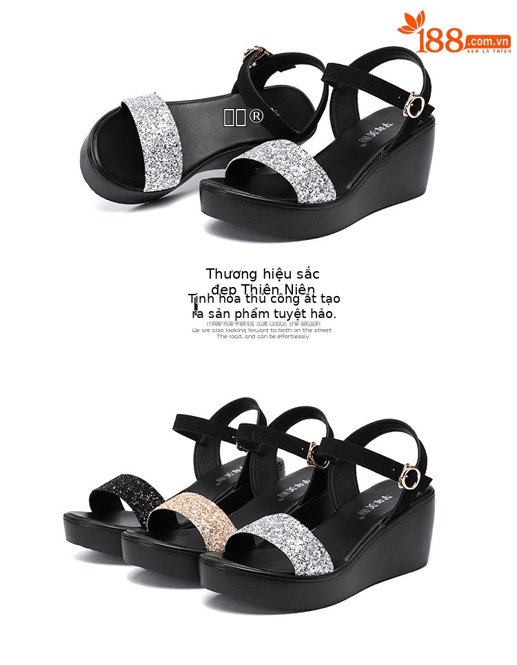 Sandal nữ đế xuồng cao gót 6cm quai ngang đính sequin mùa hè 2025 — Màu đen 6cm, Vàng 6cm, Bạc 6cm chi tiết 18