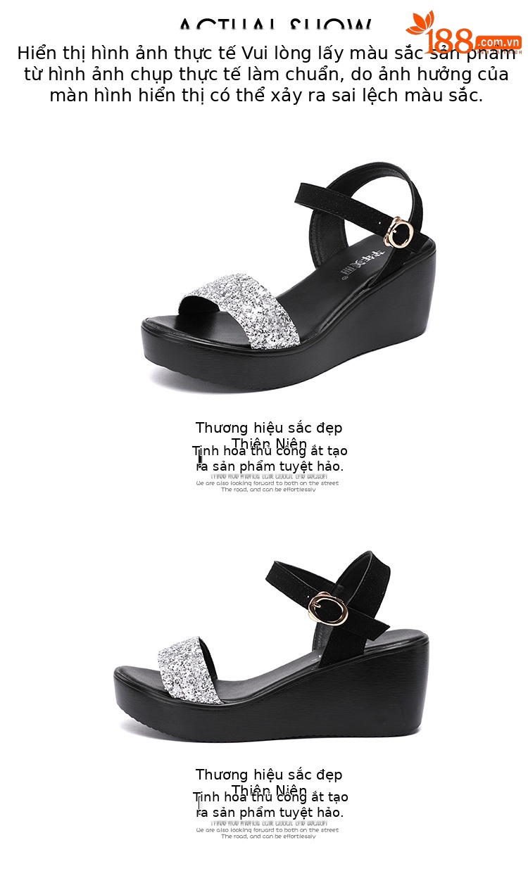 Sandal nữ đế xuồng cao gót 6cm quai ngang đính sequin mùa hè 2025 — Màu đen 6cm, Vàng 6cm, Bạc 6cm chi tiết 16