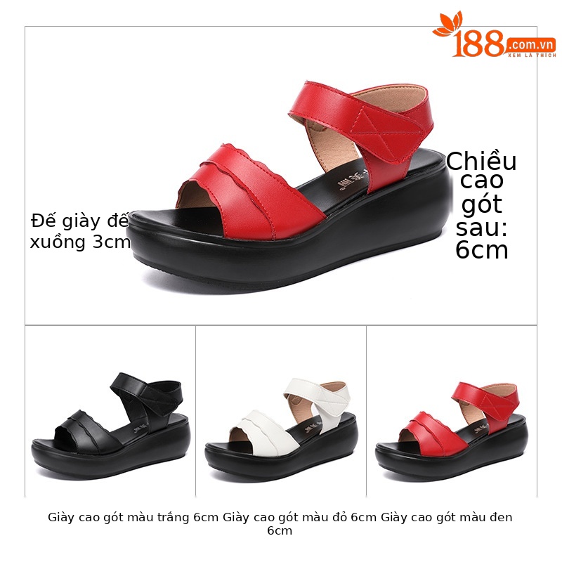 Dép sandal nữ đế xuồng platform dày, quai dán đa năng, hở mũi, gót trung bình, đế mềm — Màu đen, Màu trắng, Màu đỏ