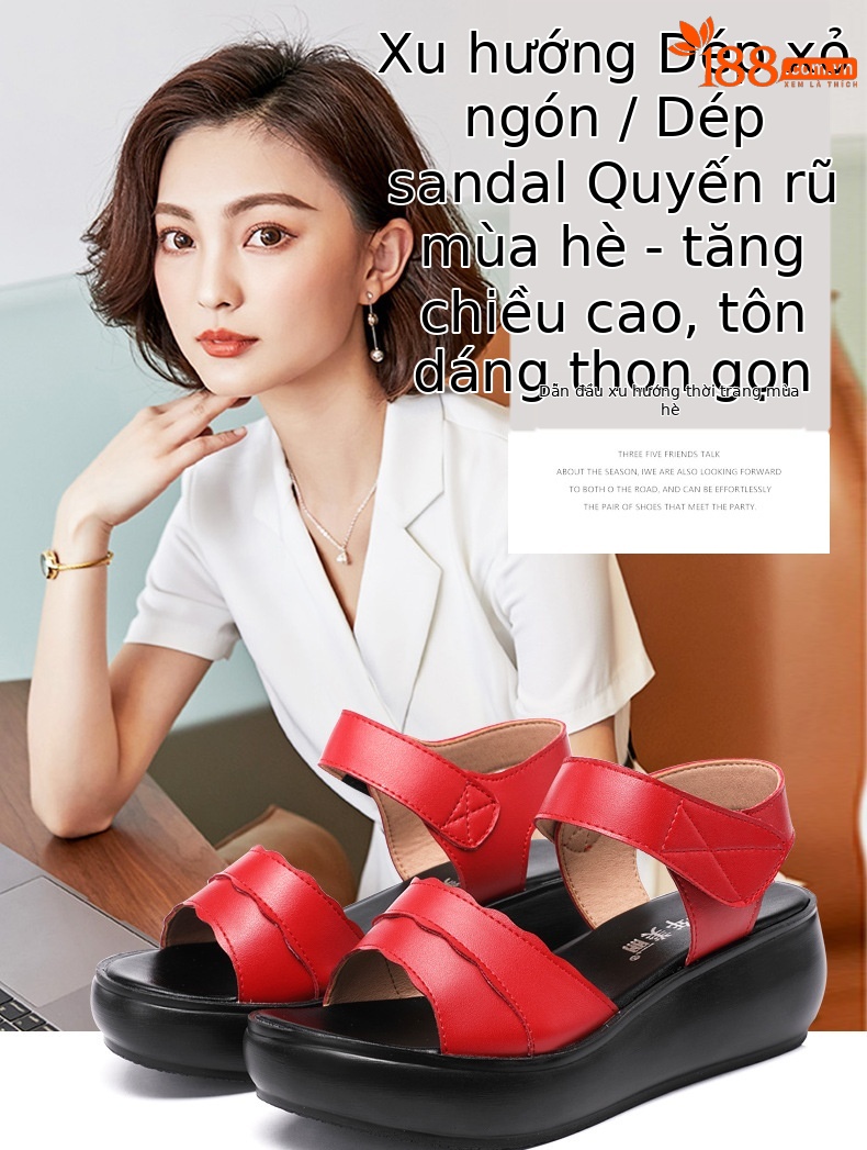 Dép sandal nữ đế xuồng platform dày, quai dán đa năng, hở mũi, gót trung bình, đế mềm — Màu đen, Màu trắng, Màu đỏ chi tiết 1