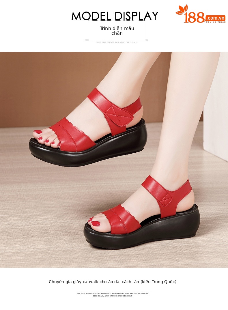 Dép sandal nữ đế xuồng platform dày, quai dán đa năng, hở mũi, gót trung bình, đế mềm — Màu đen, Màu trắng, Màu đỏ chi tiết 8