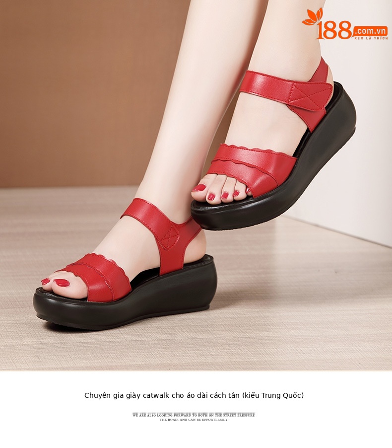 Dép sandal nữ đế xuồng platform dày, quai dán đa năng, hở mũi, gót trung bình, đế mềm — Màu đen, Màu trắng, Màu đỏ chi tiết 9