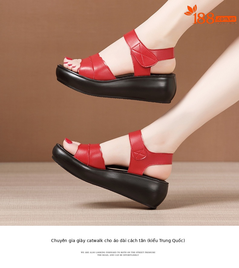 Dép sandal nữ đế xuồng platform dày, quai dán đa năng, hở mũi, gót trung bình, đế mềm — Màu đen, Màu trắng, Màu đỏ chi tiết 10