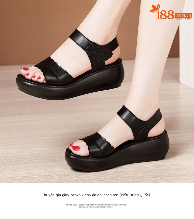 Dép sandal nữ đế xuồng platform dày, quai dán đa năng, hở mũi, gót trung bình, đế mềm — Màu đen, Màu trắng, Màu đỏ chi tiết 11