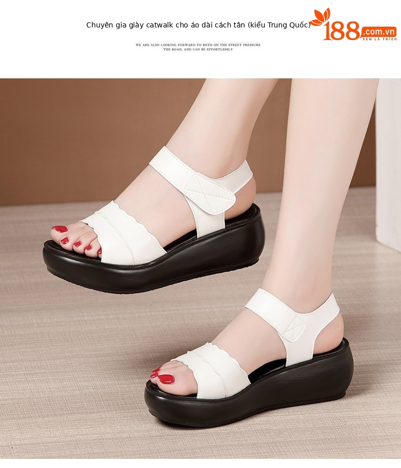 Dép sandal nữ đế xuồng platform dày, quai dán đa năng, hở mũi, gót trung bình, đế mềm — Màu đen, Màu trắng, Màu đỏ chi tiết 12