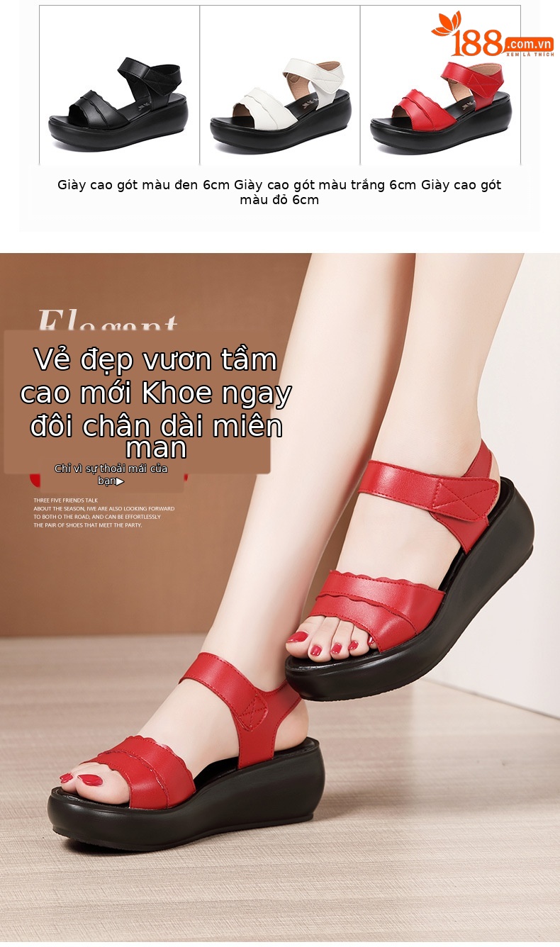 Dép sandal nữ đế xuồng platform dày, quai dán đa năng, hở mũi, gót trung bình, đế mềm — Màu đen, Màu trắng, Màu đỏ chi tiết 4