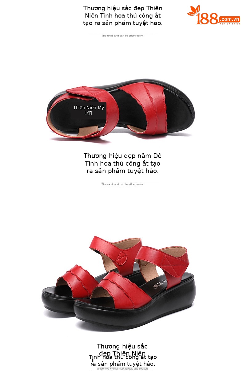 Dép sandal nữ đế xuồng platform dày, quai dán đa năng, hở mũi, gót trung bình, đế mềm — Màu đen, Màu trắng, Màu đỏ chi tiết 14