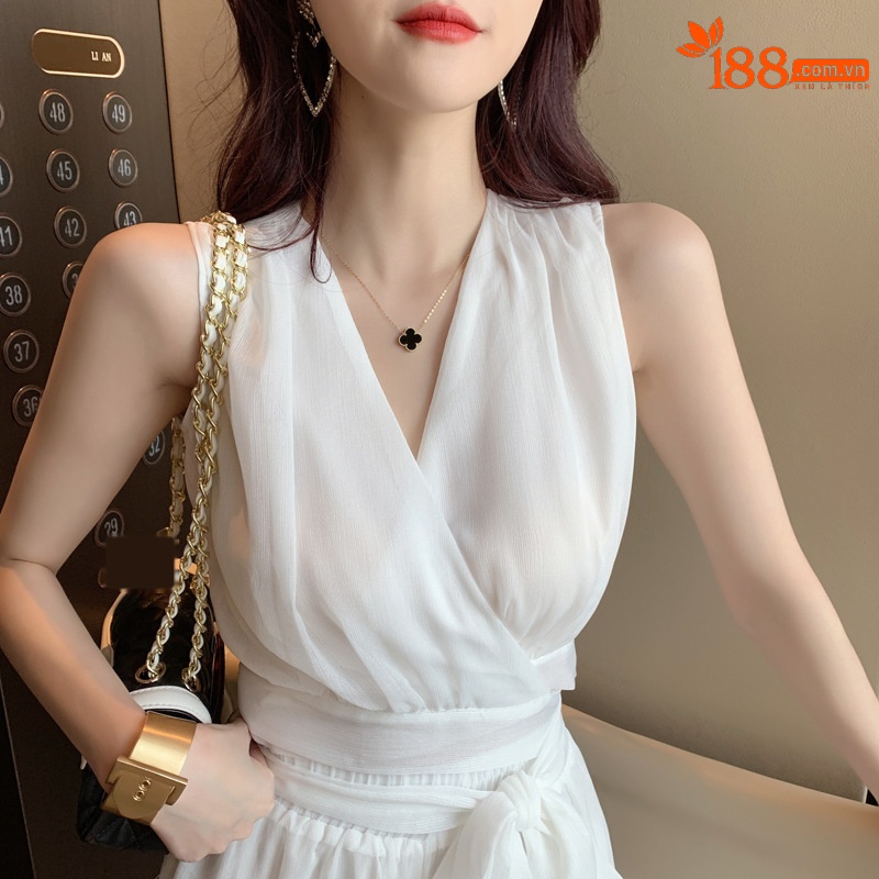 Bộ áo voan không tay cổ V phối dây buộc và quần ống rộng hai mảnh — Màu trắng