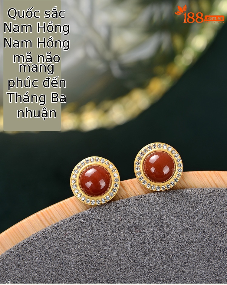 Khuyên tai nữ bạc S925 đính đá mã não đỏ hình tròn cổ điển — Một cặp chi tiết 1