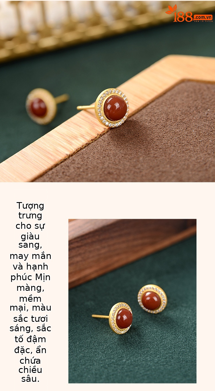 Khuyên tai nữ bạc S925 đính đá mã não đỏ hình tròn cổ điển — Một cặp chi tiết 3