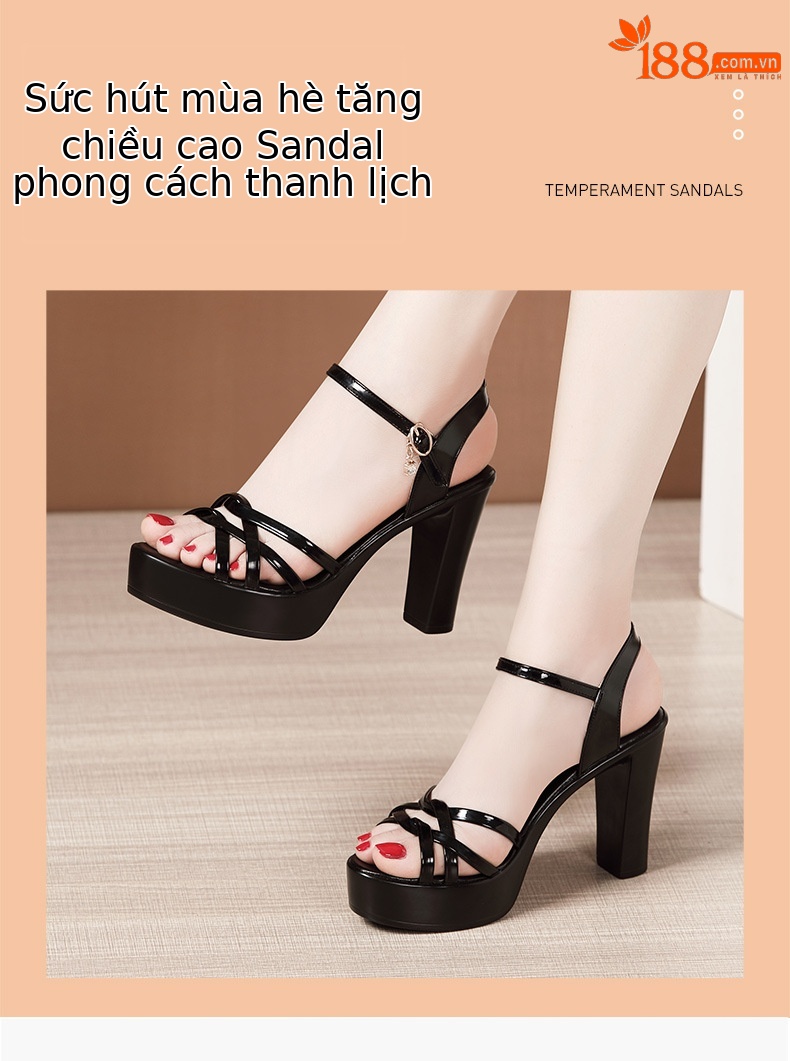 Sandal nữ quai ngang đế xuồng cao gót 10 cm mũi hở da bóng — Màu vàng kim 10cm, đen 10cm, Màu Đỏ 10cm, trắng 10cm chi tiết 2