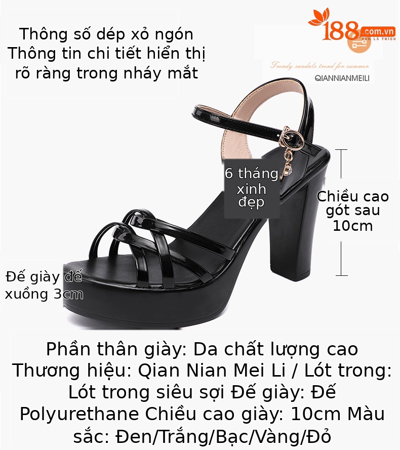 Sandal nữ quai ngang đế xuồng cao gót 10 cm mũi hở da bóng — Màu vàng kim 10cm, đen 10cm, Màu Đỏ 10cm, trắng 10cm chi tiết 3