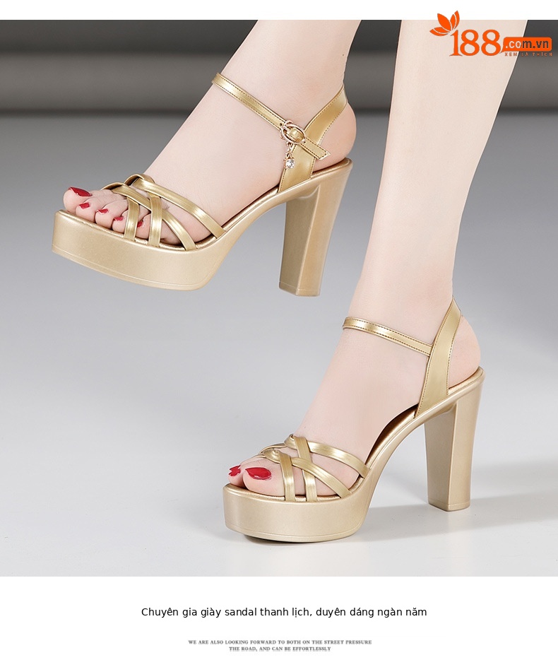 Sandal nữ quai ngang đế xuồng cao gót 10 cm mũi hở da bóng — Màu vàng kim 10cm, đen 10cm, Màu Đỏ 10cm, trắng 10cm chi tiết 12