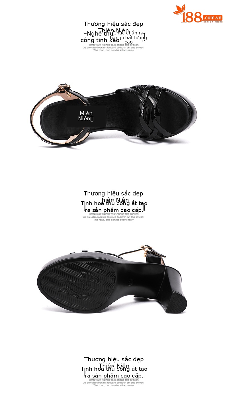 Sandal nữ quai ngang đế xuồng cao gót 10 cm mũi hở da bóng — Màu vàng kim 10cm, đen 10cm, Màu Đỏ 10cm, trắng 10cm chi tiết 15