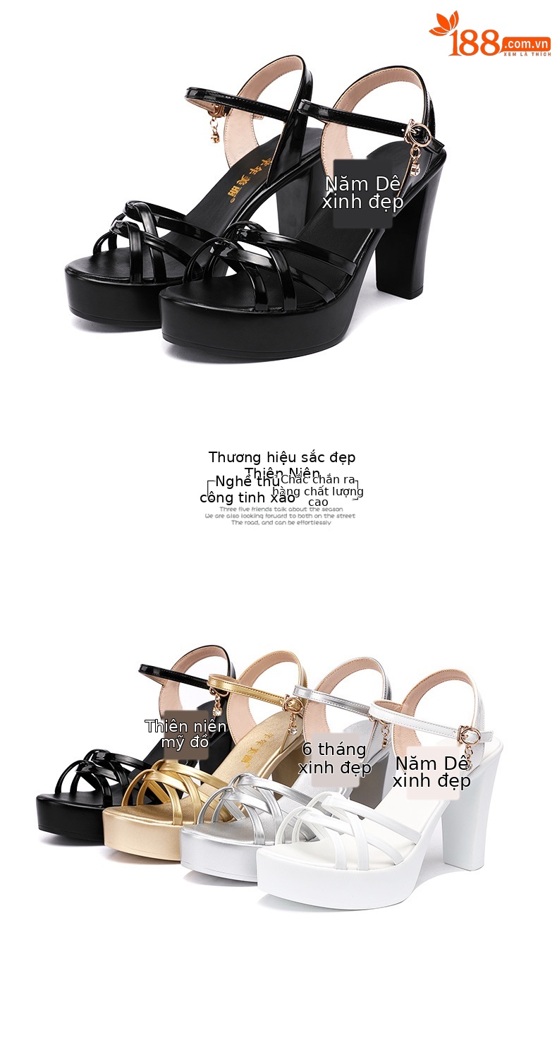 Sandal nữ quai ngang đế xuồng cao gót 10 cm mũi hở da bóng — Màu vàng kim 10cm, đen 10cm, Màu Đỏ 10cm, trắng 10cm chi tiết 16