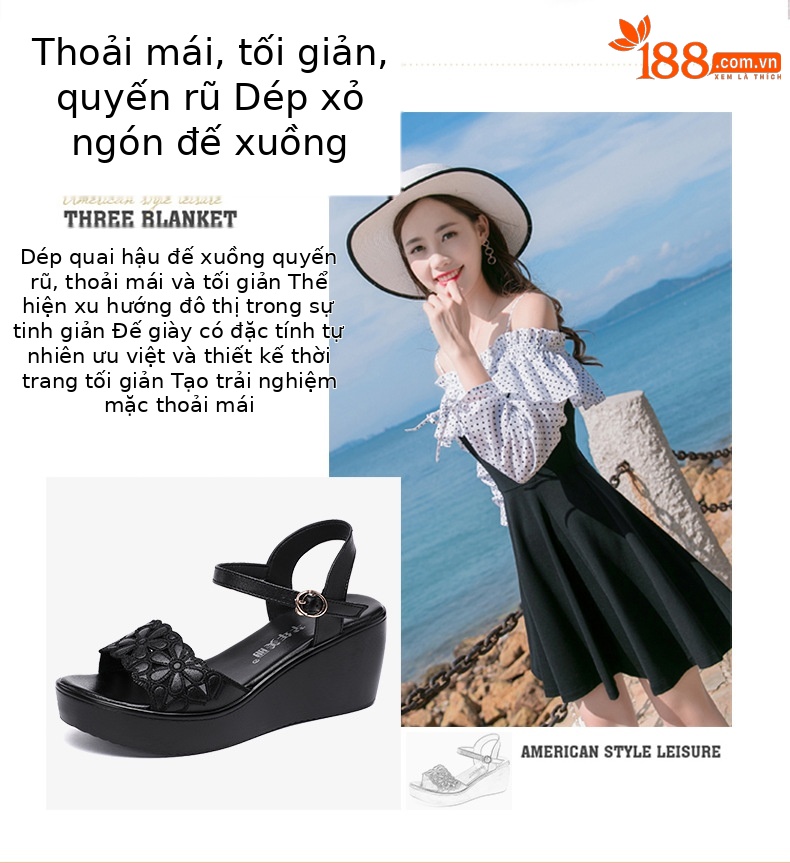 Dép nữ đế xuồng dày platform quai ngang khoét lỗ gót trung bình mềm size lớn — Màu đen chi tiết 1