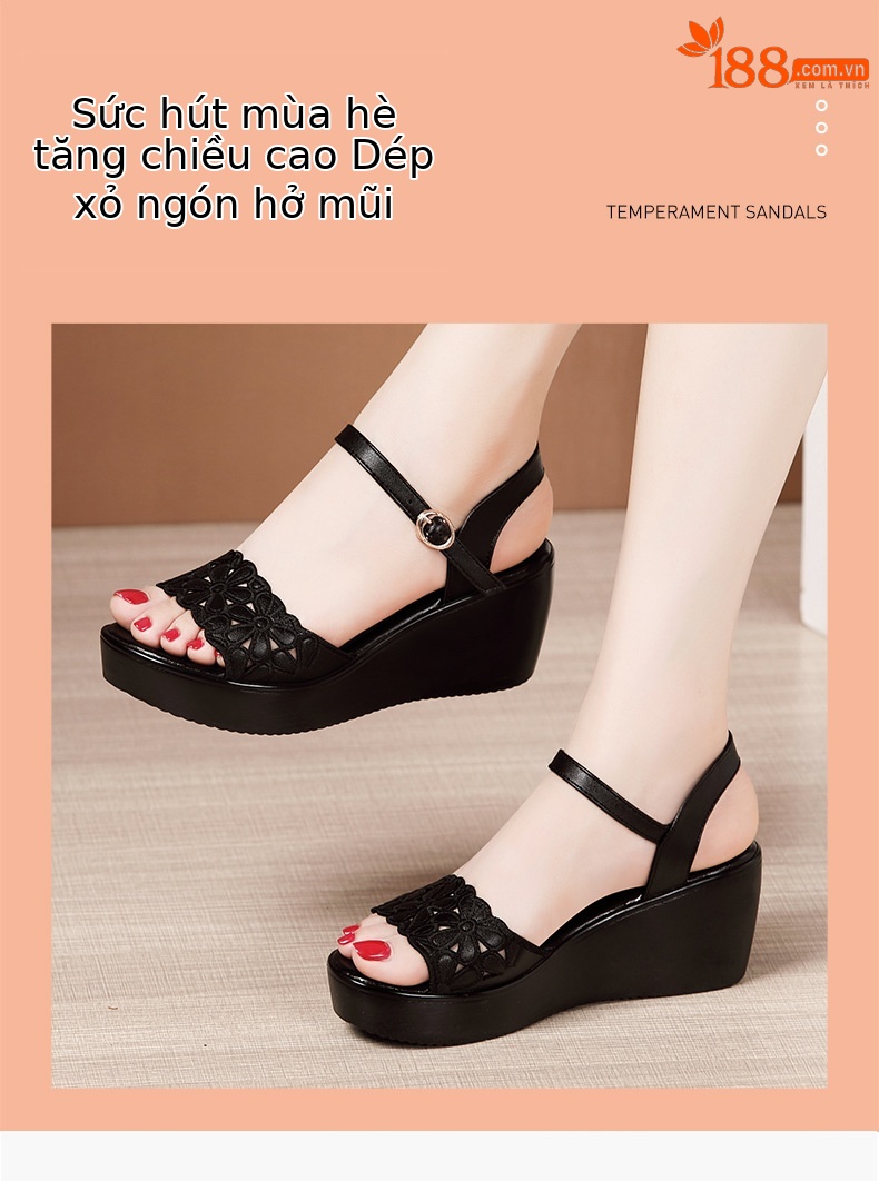 Dép nữ đế xuồng dày platform quai ngang khoét lỗ gót trung bình mềm size lớn — Màu đen chi tiết 2