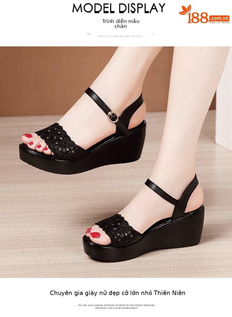 Dép nữ đế xuồng dày platform quai ngang khoét lỗ gót trung bình mềm size lớn — Màu đen chi tiết 8
