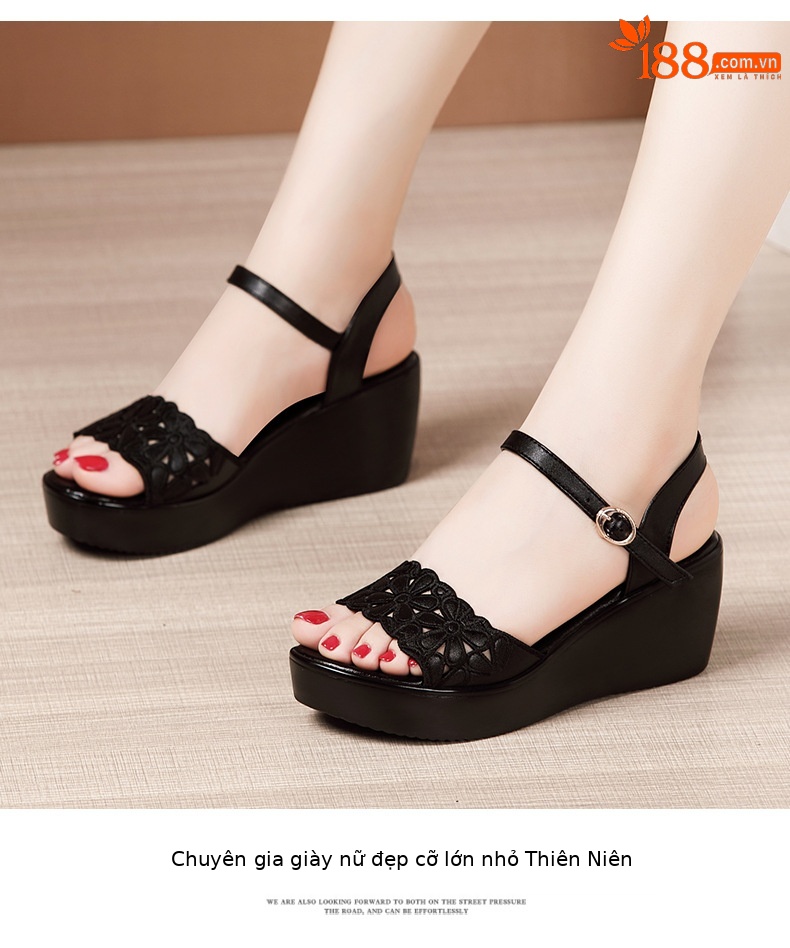 Dép nữ đế xuồng dày platform quai ngang khoét lỗ gót trung bình mềm size lớn — Màu đen chi tiết 9