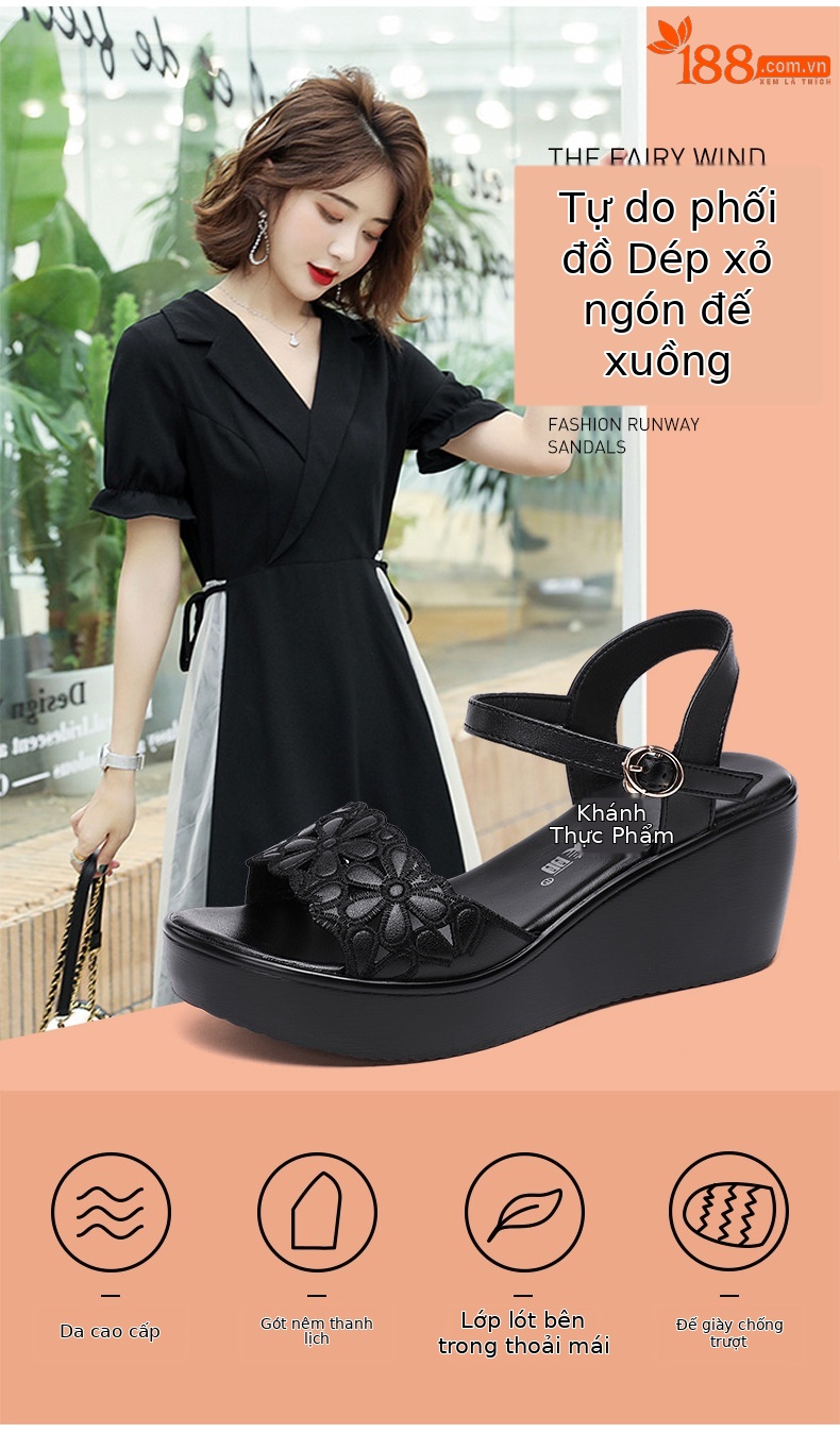 Dép nữ đế xuồng dày platform quai ngang khoét lỗ gót trung bình mềm size lớn — Màu đen chi tiết 3
