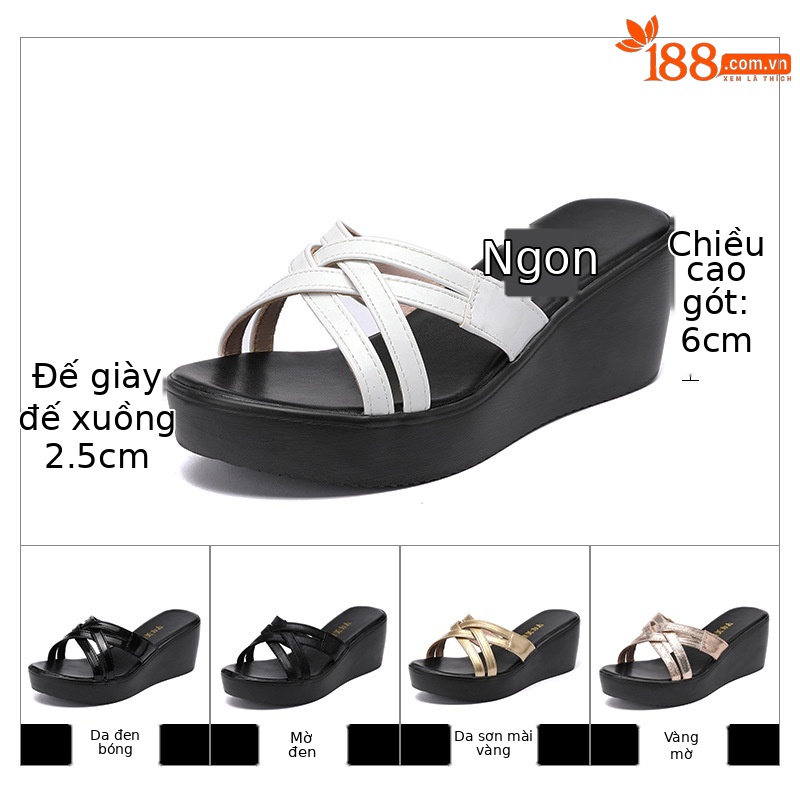 Dép sandal nữ đế xuồng cao trung bình 6 cm, quai chữ V, phong cách hè 2025 — Da sơn vàng 6cm, Da bóng đen, cao 6cm, Da bóng trắng, cao 6cm, Nhám đen 6cm