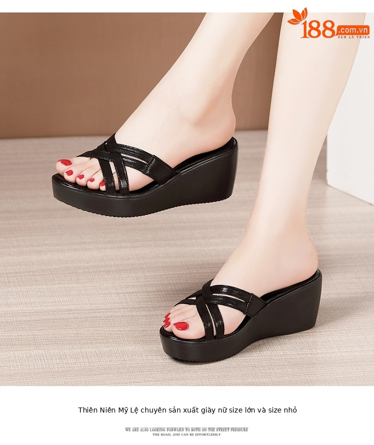 Dép sandal nữ đế xuồng cao trung bình 6 cm, quai chữ V, phong cách hè 2025 — Da sơn vàng 6cm, Da bóng đen, cao 6cm, Da bóng trắng, cao 6cm, Nhám đen 6cm chi tiết 14