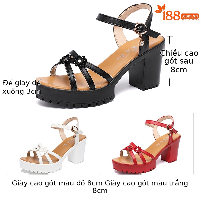 Sandal cao gót nữ quai ngang đế xuồng chống nước hở mũi gót 8 cm — Màu đỏ 8cm, trắng 8cm, đen 8cm
