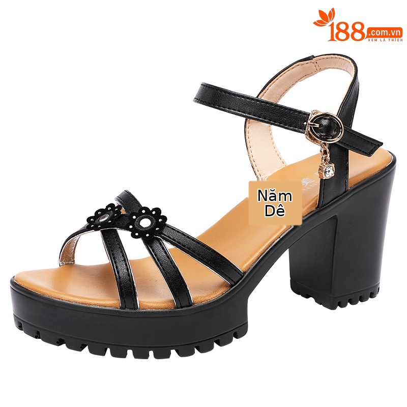 Sandal cao gót nữ quai ngang đế xuồng chống nước hở mũi gót 8 cm — Màu đỏ 8cm, trắng 8cm, đen 8cm