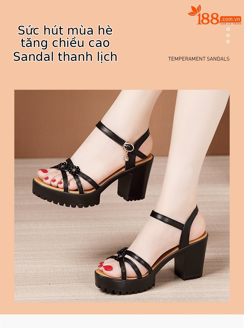 Sandal cao gót nữ quai ngang đế xuồng chống nước hở mũi gót 8 cm — Màu đỏ 8cm, trắng 8cm, đen 8cm chi tiết 2