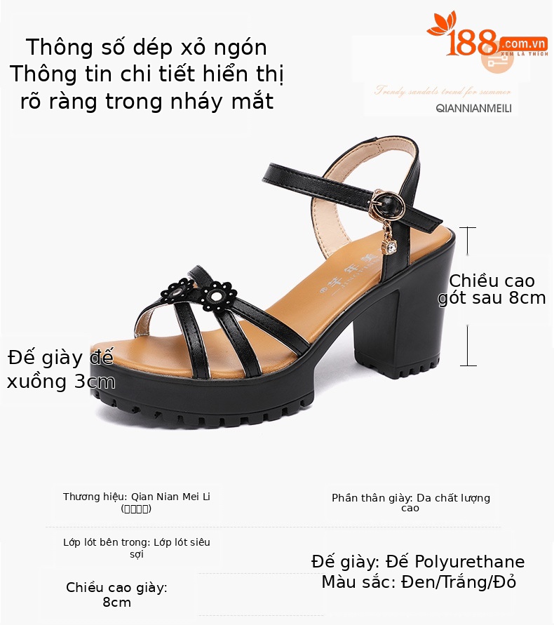Sandal cao gót nữ quai ngang đế xuồng chống nước hở mũi gót 8 cm — Màu đỏ 8cm, trắng 8cm, đen 8cm chi tiết 3