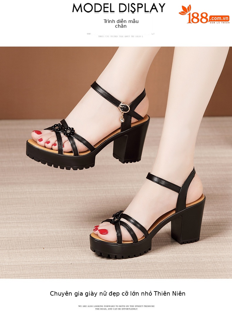 Sandal cao gót nữ quai ngang đế xuồng chống nước hở mũi gót 8 cm — Màu đỏ 8cm, trắng 8cm, đen 8cm chi tiết 8