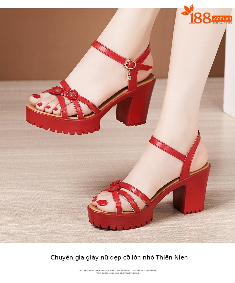 Sandal cao gót nữ quai ngang đế xuồng chống nước hở mũi gót 8 cm — Màu đỏ 8cm, trắng 8cm, đen 8cm chi tiết 12
