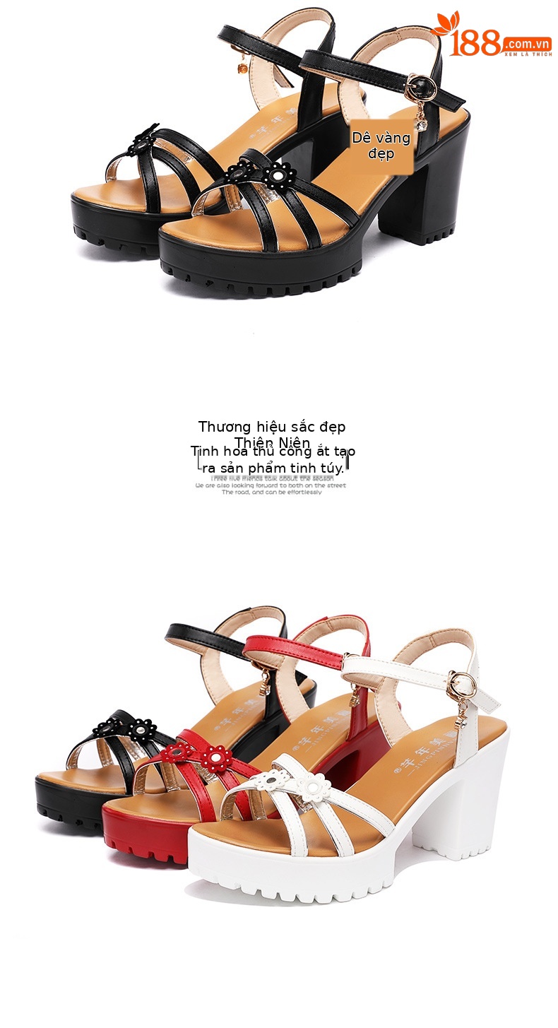 Sandal cao gót nữ quai ngang đế xuồng chống nước hở mũi gót 8 cm — Màu đỏ 8cm, trắng 8cm, đen 8cm chi tiết 16