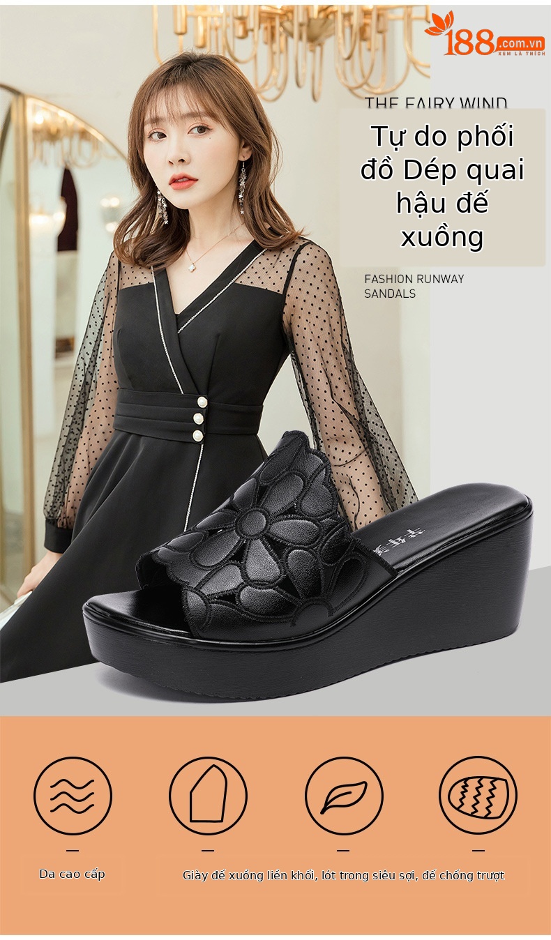 Dép quai ngang nữ đế xuồng platform đục lỗ mũi hở — Màu đen chi tiết 2