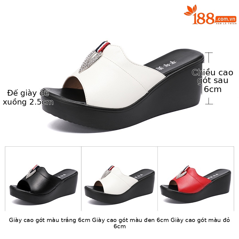 Dép quai ngang đính đá cao gót nữ đế xuồng 6 cm mũi cá miệng — Đỏ 6cm, Màu trắng 6cm, Màu đen 6cm