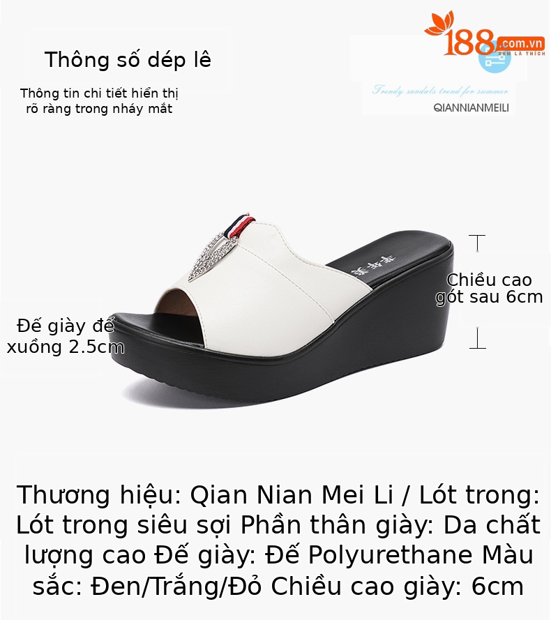 Dép quai ngang đính đá cao gót nữ đế xuồng 6 cm mũi cá miệng — Đỏ 6cm, Màu trắng 6cm, Màu đen 6cm chi tiết 2
