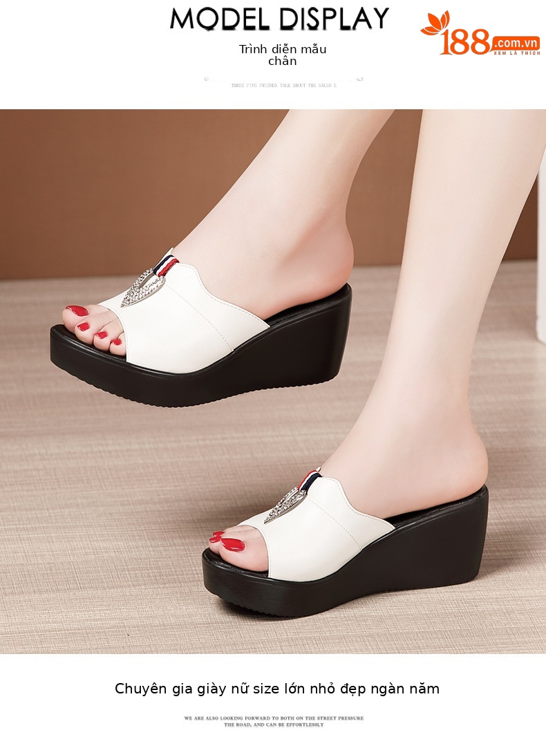 Dép quai ngang đính đá cao gót nữ đế xuồng 6 cm mũi cá miệng — Đỏ 6cm, Màu trắng 6cm, Màu đen 6cm chi tiết 8