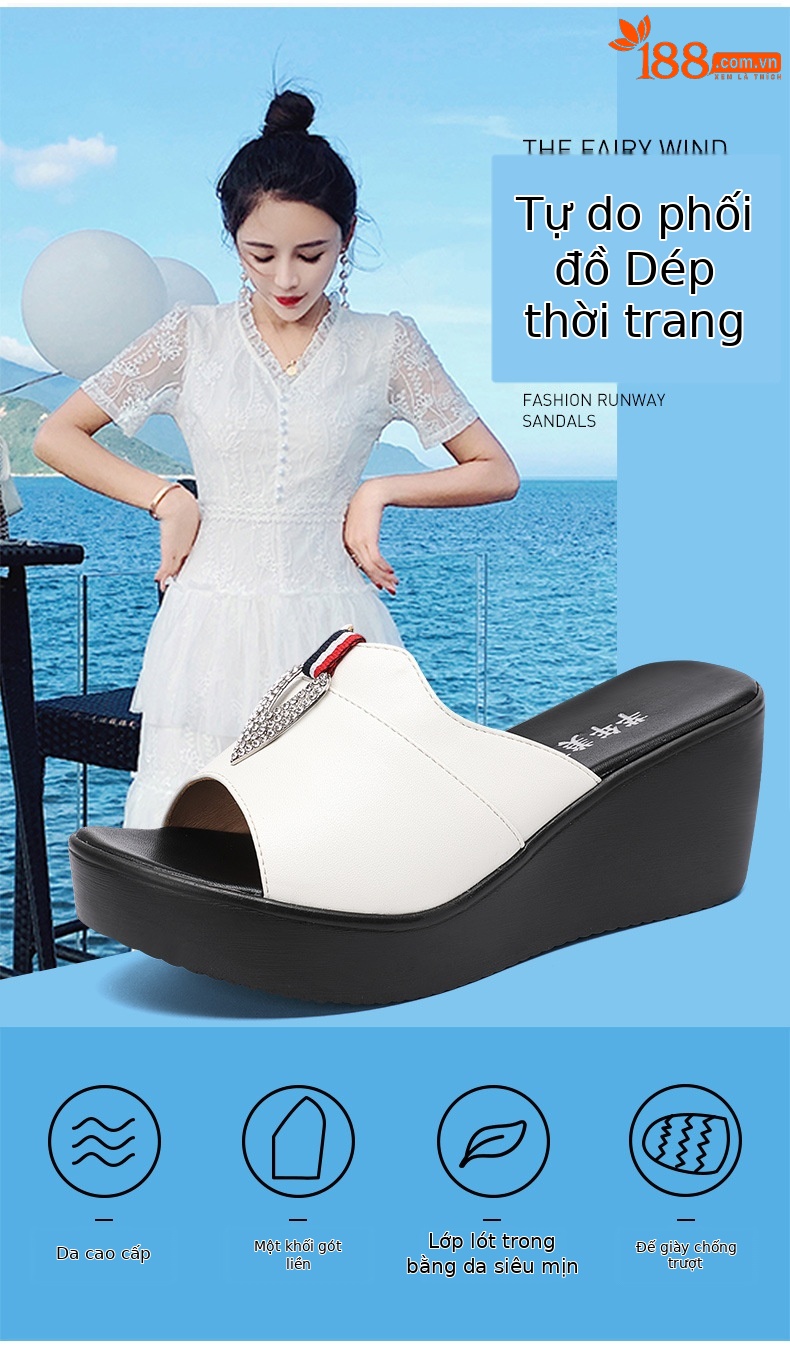 Dép quai ngang đính đá cao gót nữ đế xuồng 6 cm mũi cá miệng — Đỏ 6cm, Màu trắng 6cm, Màu đen 6cm chi tiết 3