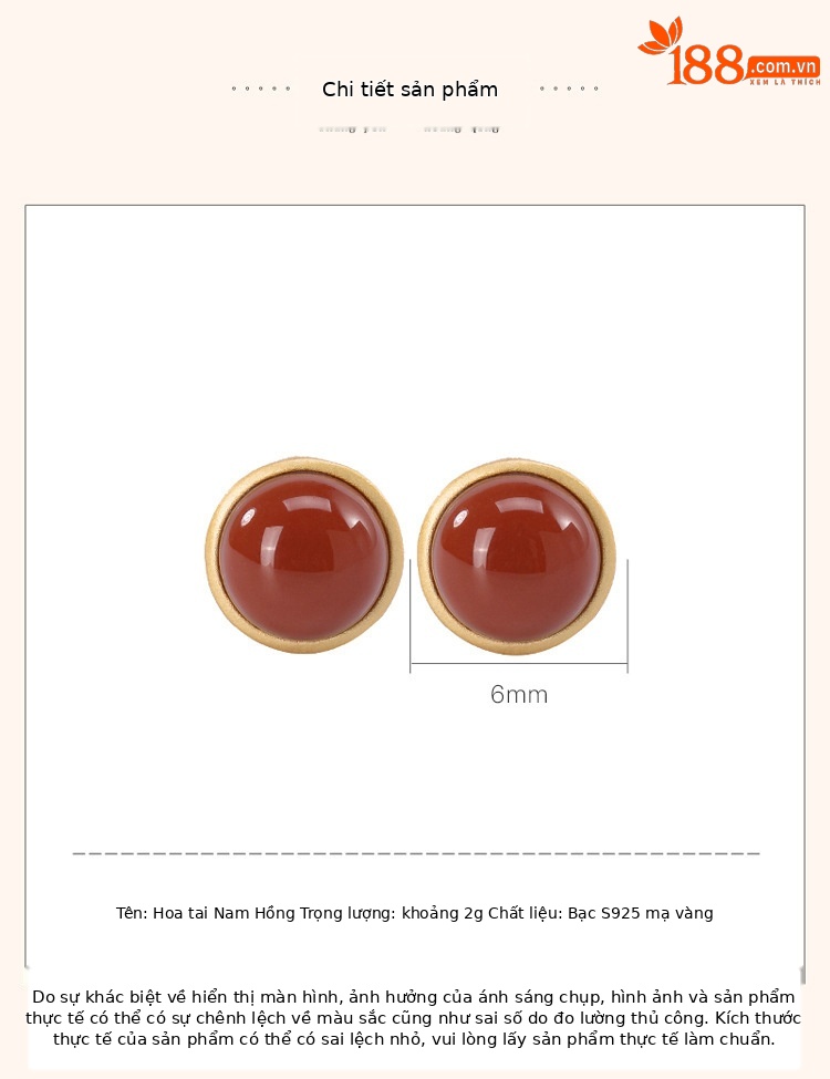 Khuyên tai hoop nữ đơn giản cá tính cổ điển đá Mã Não Đỏ bạc S925 — Một cặp chi tiết 2
