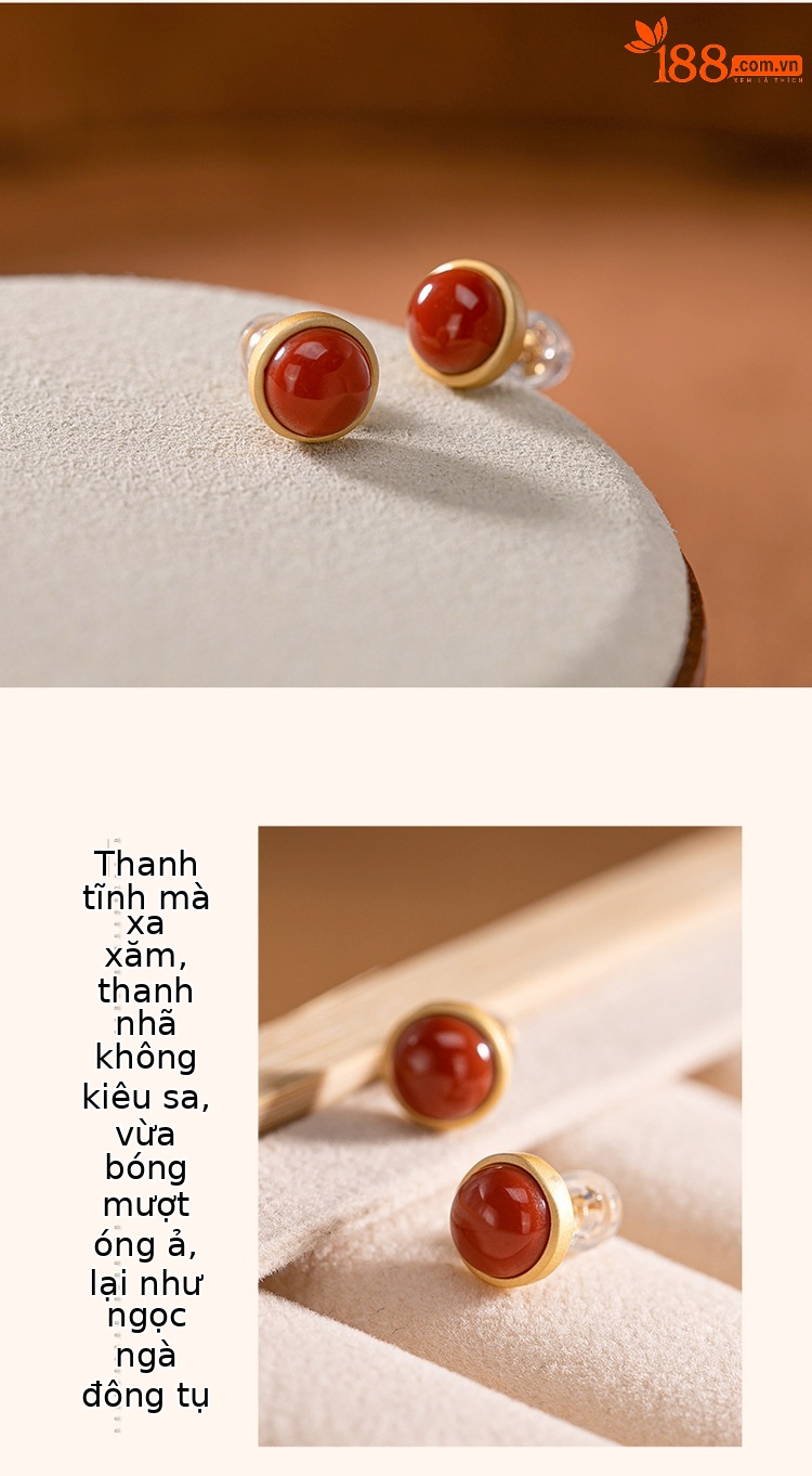 Khuyên tai hoop nữ đơn giản cá tính cổ điển đá Mã Não Đỏ bạc S925 — Một cặp chi tiết 3