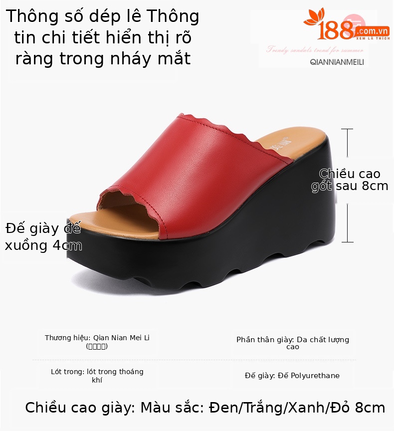 Dép cao gót đế xuồng nữ hè 2025, đế platform dày, hở mũi, gót 8 cm — Màu xanh lục 8cm, Màu đỏ 8cm, Trắng 8cm, Đen 8cm chi tiết 3